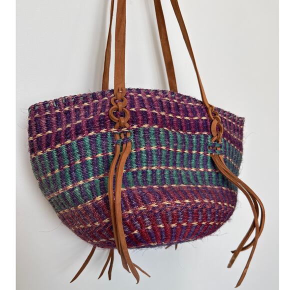 NWT Handwoven Purple & Teal Boho Retro Tote Bag with Leather Straps tassels - Picture 9 of 13